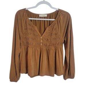 Lucky Brand Smocked Sandwash Babydoll Top Women's Size Small Caramel Brown Boho